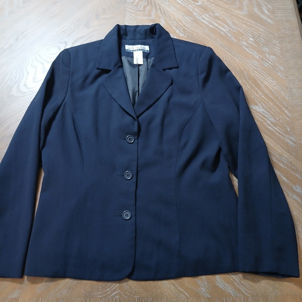 J.G. Hook Lady Navy Blazer Sz 14 Long Sleeve 3 Botton Fully Lined Office Classic